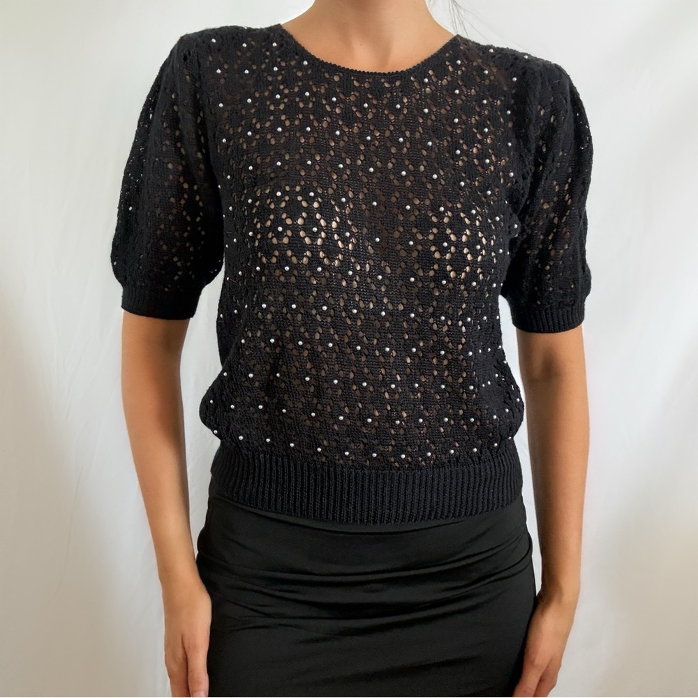 Vintage 80s black knit blouse pearl detailing small medium puff sleeve top